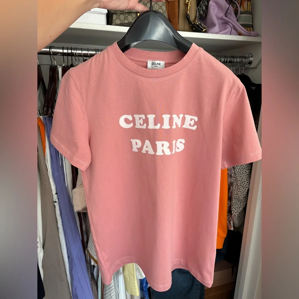 Celine Paris Logo Print Cotton T-Shirt Dust Pink Size Medium Scoop Neck Women’s - Picture 9 of 10